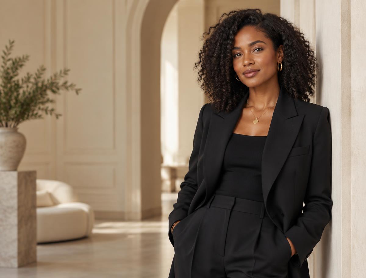 A confident woman in a black suit